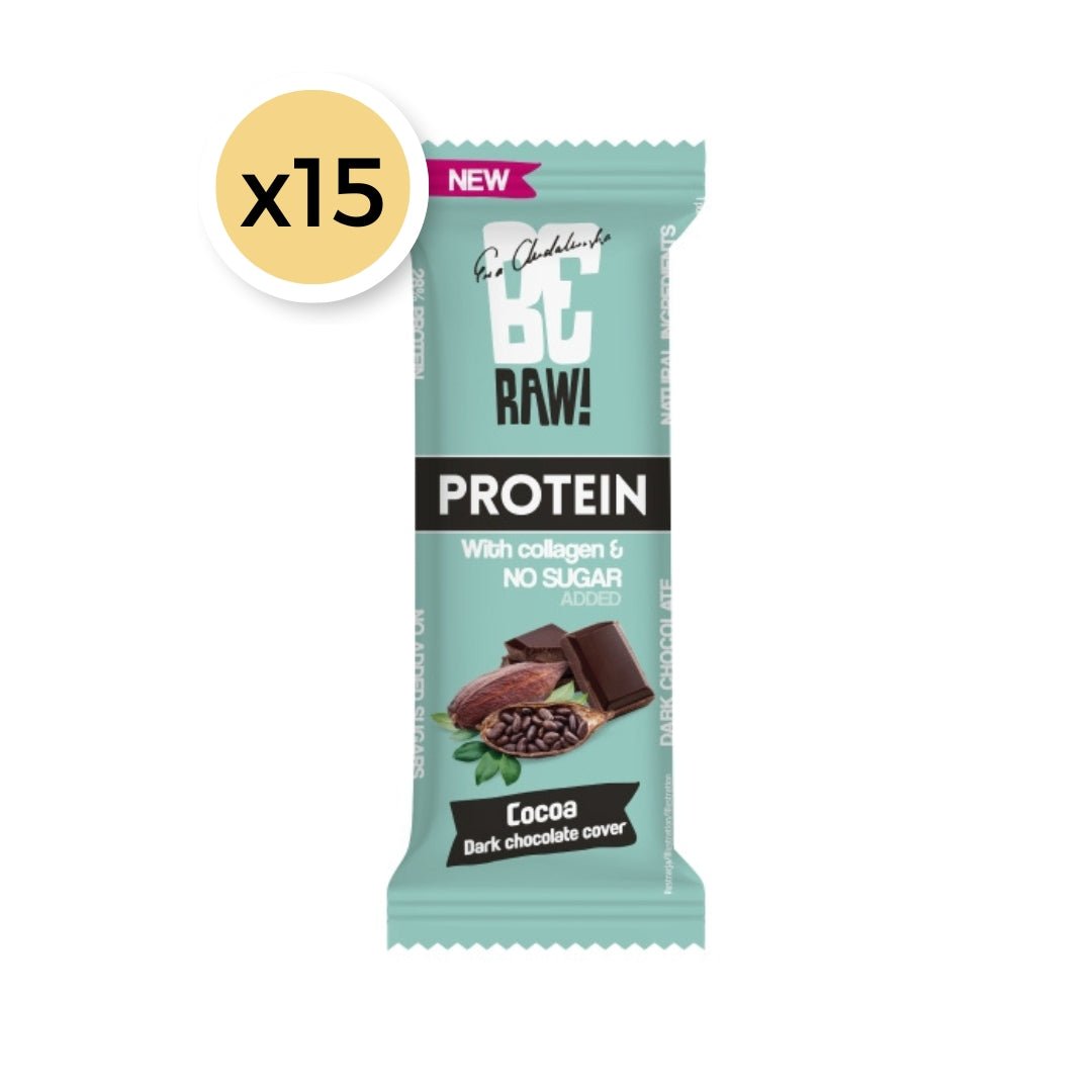 15x Be Raw Protein 28% Bar with Collagen - Cocoa dark chocolate cover 40g - Be Raw - Vesa Beauty