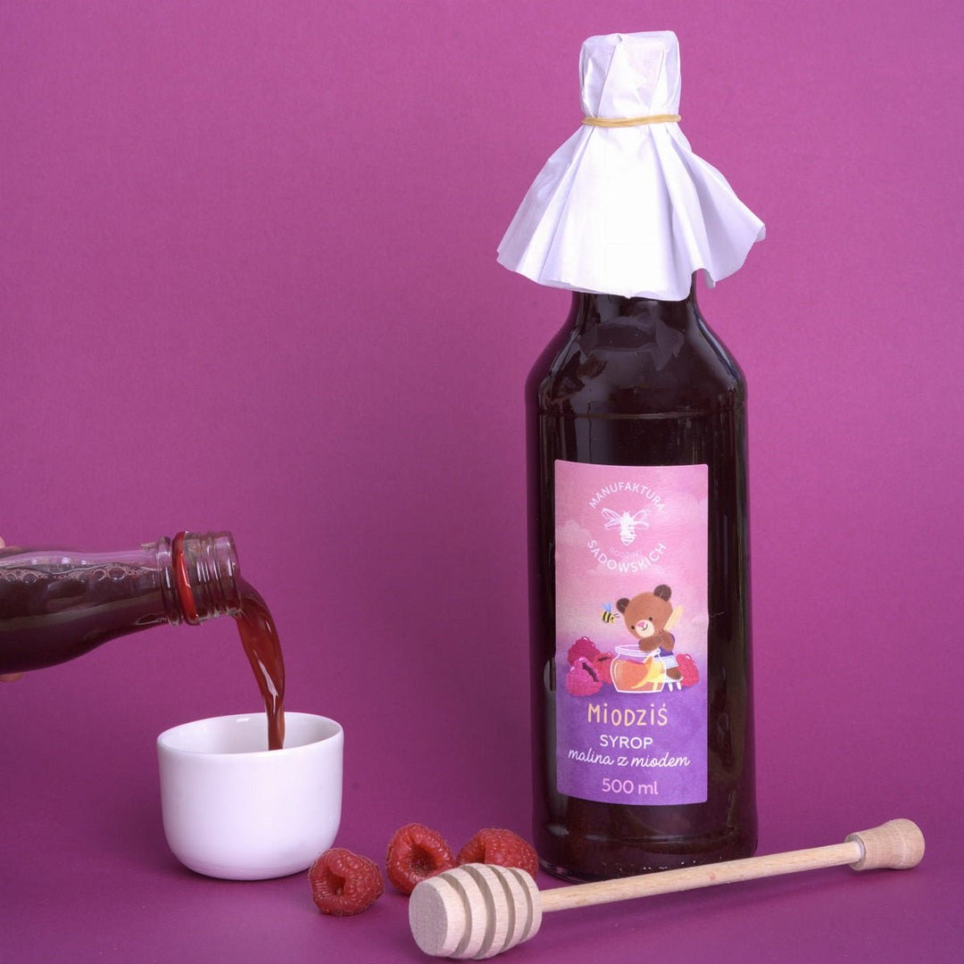 Sadowski Bee Gardens Raspberry syrup with honey - Honey bear 500ml - Pasieki Sadowskich - Vesa Beauty